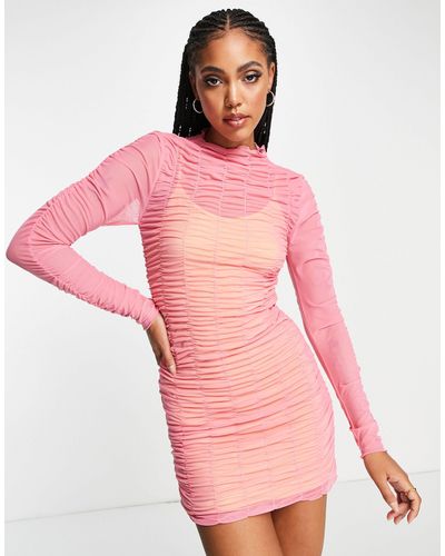 TOPSHOP Ruched Mini Layered Mesh Mini Dress - Pink