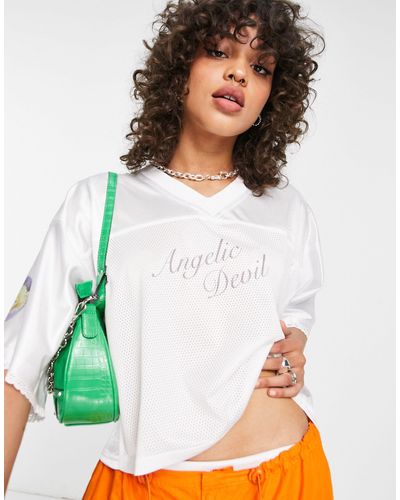 ZEMETA Cropped Football Jersey Top With Angelic Text - White