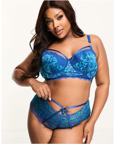 Figleaves Amore Lace And Fishnet Detail Longline Padded Balconette Bra - Blue