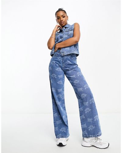 Vero Moda Wide Leg Jeans Co-ord With Washed Print - Blue