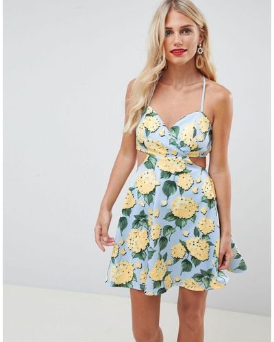 ASOS Strappy Babydoll Mini Dress In Floral Print - Blue