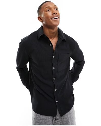 River Island Long Sleeve Seersucker Shirt - Black