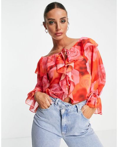 ASOS Ruffle Front Blouse With Tie - Red