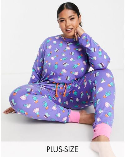 Chelsea Peers Plus Cactus Cat Long Pyjama Set - Blue