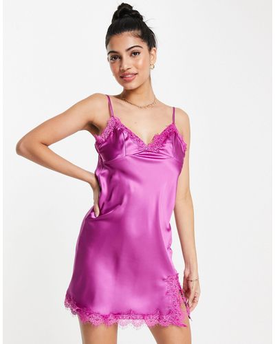 Love Triangle Satin Slip Mini Dress With Lace Trim - Purple