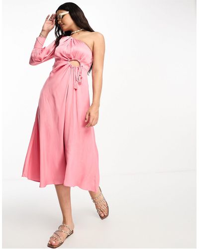 Moon River One Shoulder Tassle Tie Midi Dress - Pink