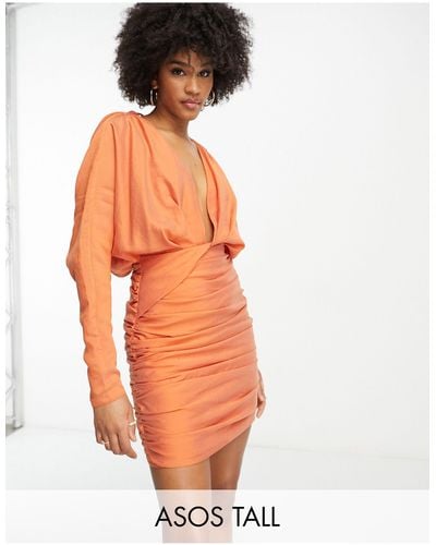 ASOS Asos Design Tall Washed Twist Front Long Sleeve Mini Dress With Ruching - Orange