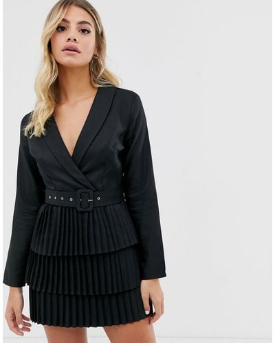 In The Style Plunge Front Blazer Dress With Pleated Skirt - Black