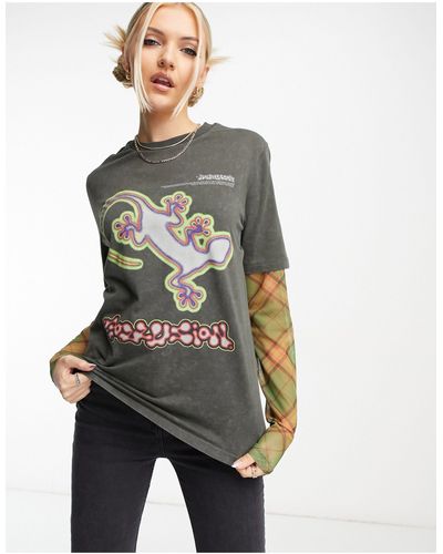 Collusion – es t-shirt mit eidechsen-print und netzstoff-ärmeln - Mehrfarbig