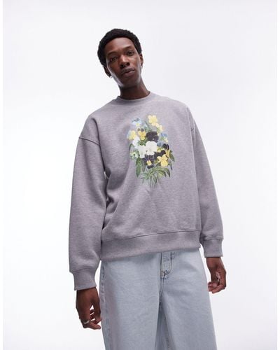 TOPMAN Oversized Fit Sweatshirt With Flowers Embroidery Print - Grey
