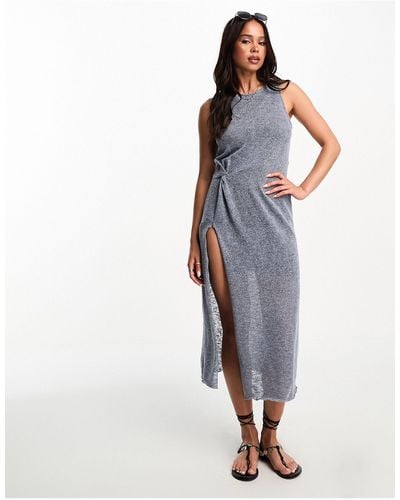 Pull&Bear Sleeveless Maxi Dress With Split Detail - Blue