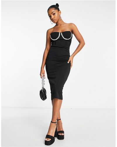 Femme Luxe Sweetheart Neckline Diamante Trim Bodycon Midi Dress - Black