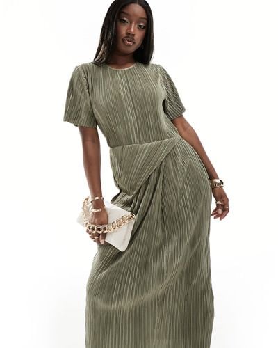 ASOS Short Sleeve Plisse Twist Skirt Midi Dress - Green