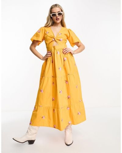 Miss Selfridge Poplin Angel Sleeve Tiered Maxi Dress - Yellow