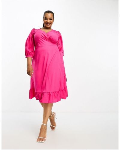 ONLY Puff Sleeve Wrap Midi Dress - Pink