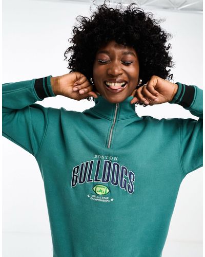 Daisy Street Half Zip Sweatshirt With Bulldogs Graphic - Green