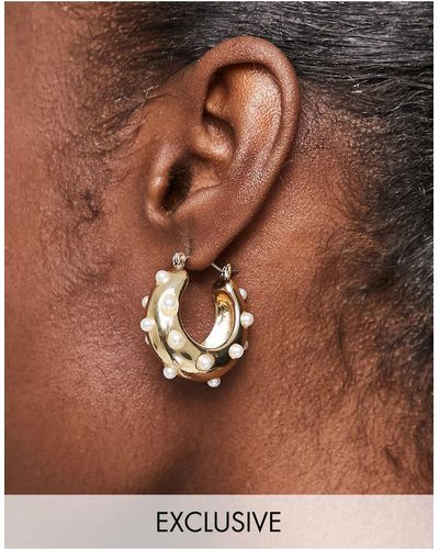 Reclaimed (vintage) Inspired Hoop Earrings With Faux Pearl Detail - Metallic
