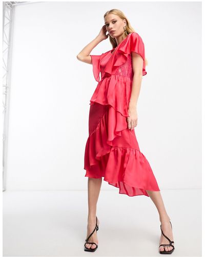 True Decadence Short Sleeve Dress With Flutter Sleeves - Red
