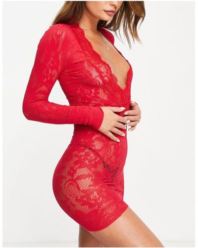 Ann Summers Supreme Long Sleeve Lace Dress With Plunge Front Detail - Red