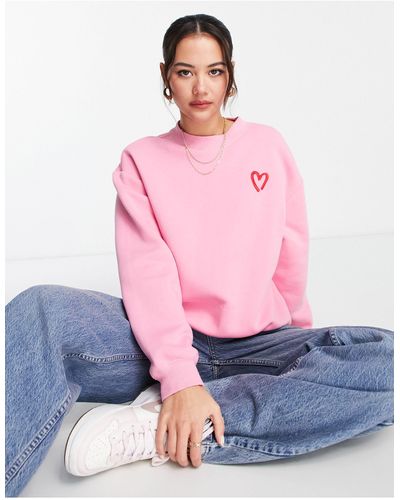 Monki Sweatshirt With Heart Embroidery - Pink
