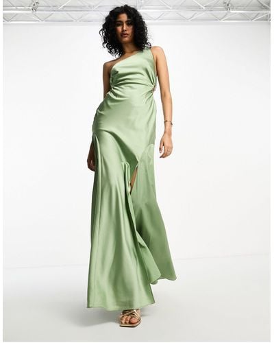 ASOS Satin One Shoulder Maxi Dress With Waist Detail - Green