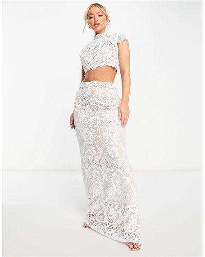Goddiva Two Piece Lace Crop Top And Fishtail Maxi Skirt Set - White