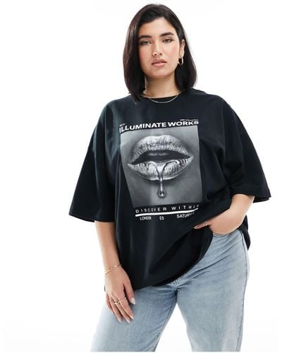 ASOS Asos Design Curve Boyfriend T-shirt With Silver Lips Graphic - Black