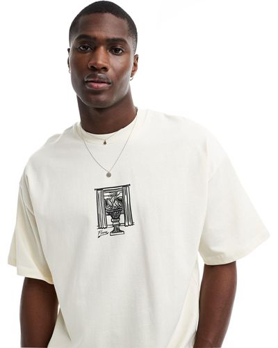 SELECTED T-shirt oversize épais avec imprimé vase sur le devant - crème - Blanc