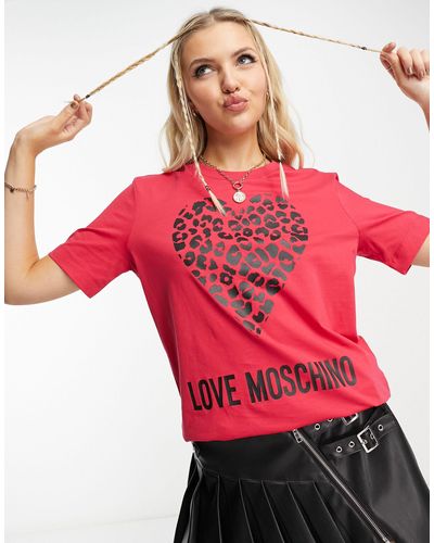 Love Moschino T-shirt Met Hartvormig Luipaardlogo - Rood