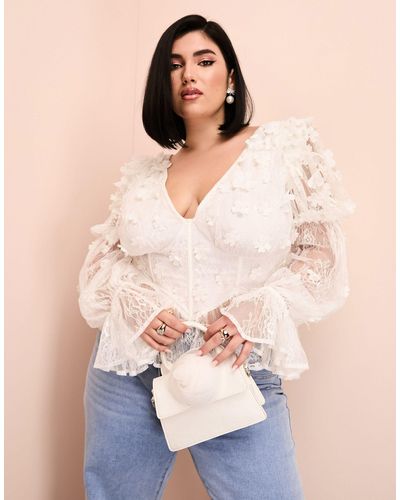 ASOS Curve Mesh Bardot Long Sleeved Top With Velvet Flowers And Pearl Embellishment - Natural