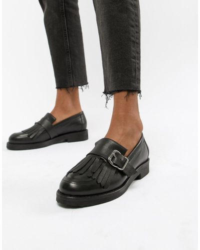 Office Fisher Chunky Leather Fringed Buckle Loafers - Black