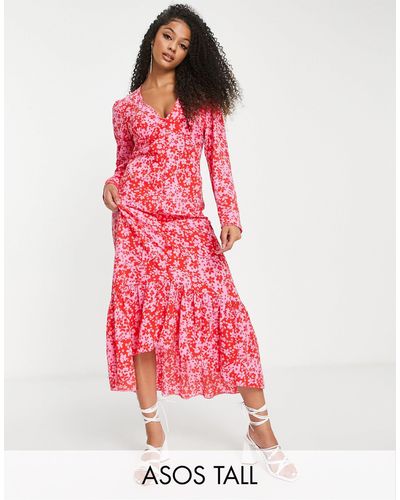 ASOS Asos Design Tall - Midi-jurk Met Ongelijke Zoom En Gesplitste Bloemenprint - Meerkleurig
