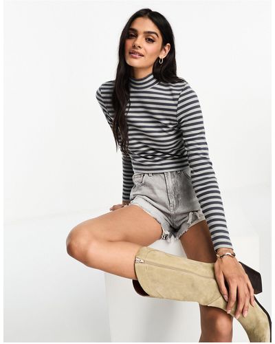 Brave Soul Long Sleeve Striped Turle Neck Top - Grey