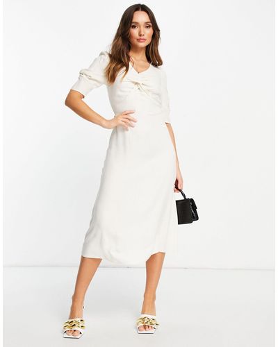Closet Vestido midi color con detalle retorcido en la parte delantera y mangas abullonadas - Blanco