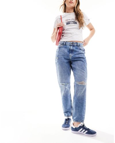Noisy May Moni - jean droit à taille haute avec déchirures - moyen délavé - Bleu