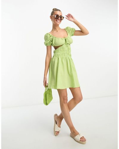 Rebellious Fashion Linen Look Milk Maid Mini Dress With Open Back - Green