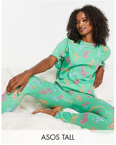 ASOS Asos Design Tall - Pyjamaset Van Oversized T-shirt En legging Met Dino- En Kreeftenprint - Groen