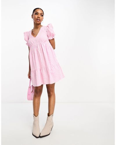Miss Selfridge Puff Sleeve Tiered Smock Dress - Pink