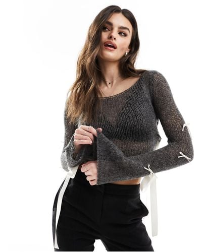 Miss Selfridge Sheer Knit Contrast Bow Detail Sweater - Black