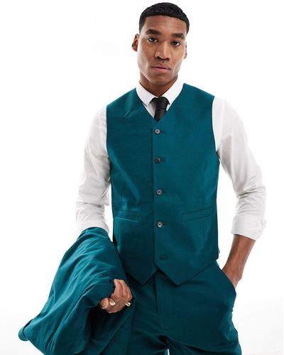 ASOS Slim With Linen Suit Waistcoat - Blue