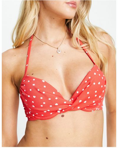 New Look Top bikini a pois con incrocio sul davanti e ferretto - Rosso