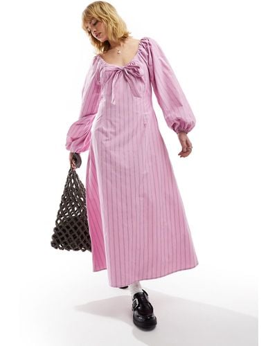 Glamorous Tie Front Volume Sleeve Maxi Smock Dress - Pink