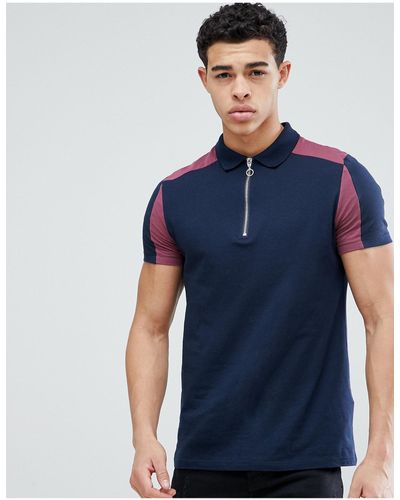ASOS Zip Neck Polo Shirt With Color Block In Navy - Blue