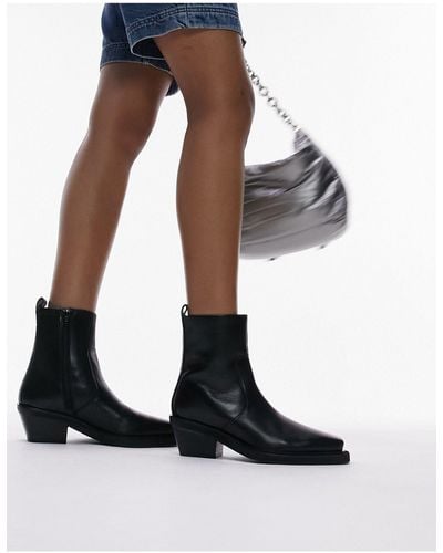 TOPSHOP Wide Fit Lara Leather Western Style Ankle Boot - Black