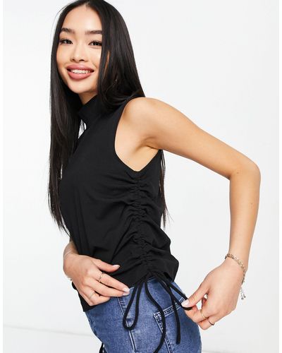 Pieces High Neck Ruched Side Top - Black