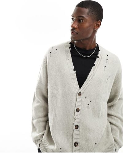 ASOS Oversized Knitted Plush Cardigan With Nibbling - White