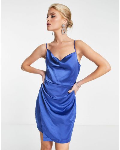 ONLY Cowl Neck Cami Wrap Satin Mini Dress - Blue