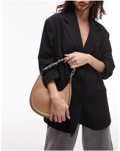 TOPSHOP Selena - sac porté épaule incurvé avec poignée chaîne - camel - Noir