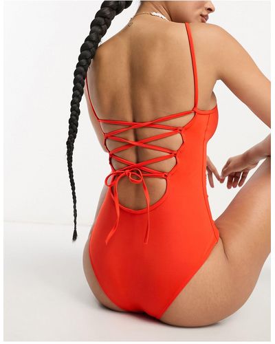 Monki – badeanzug mit schnürung hinten - Orange