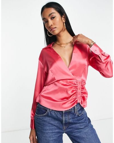 ASOS Satin Shirt With Button Side And Ruching - Pink